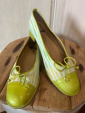 Stuart Weitzman Lime and White Striped Ballet Flats with Patent Cap